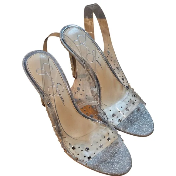 Jessica Simpson Silver Clear Glitter Slingback Heels Size 7 - Picture 6 of 14